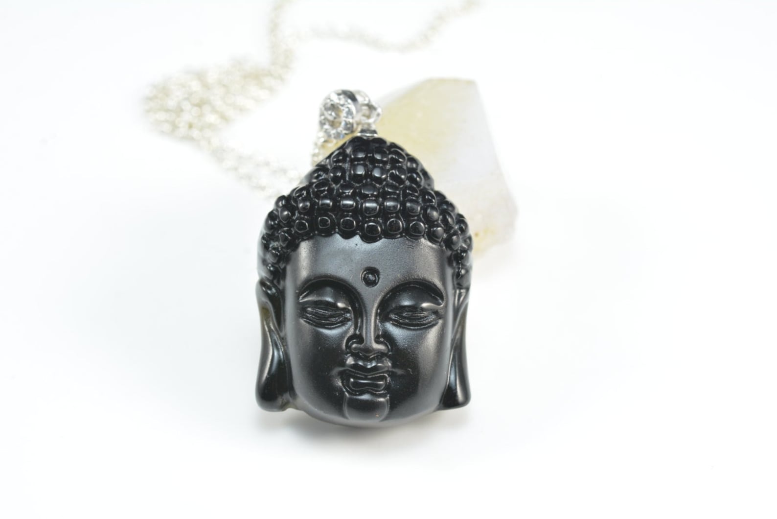 Jet Black Buddha Necklace, Black Stone Necklace, Gemstone Figure