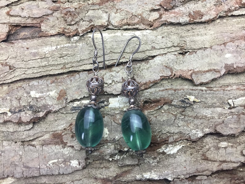 dark green stone barrel shape earrings handmade earrings green fluorite natural gemstone earrings sterling silver women/'s earrings