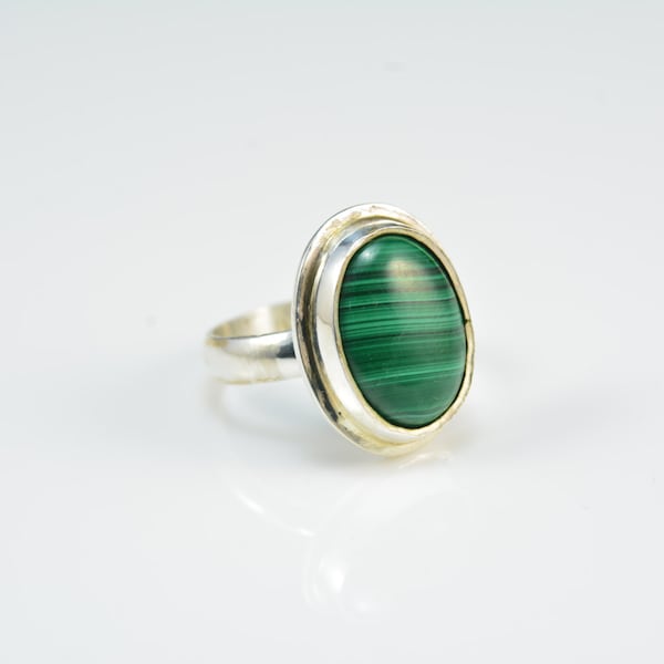 green malachite bezel ring, malachite ring, cabachon setting, cabachon ring, bezel ring, handmade ring, fabricated, sterling silver--6.5