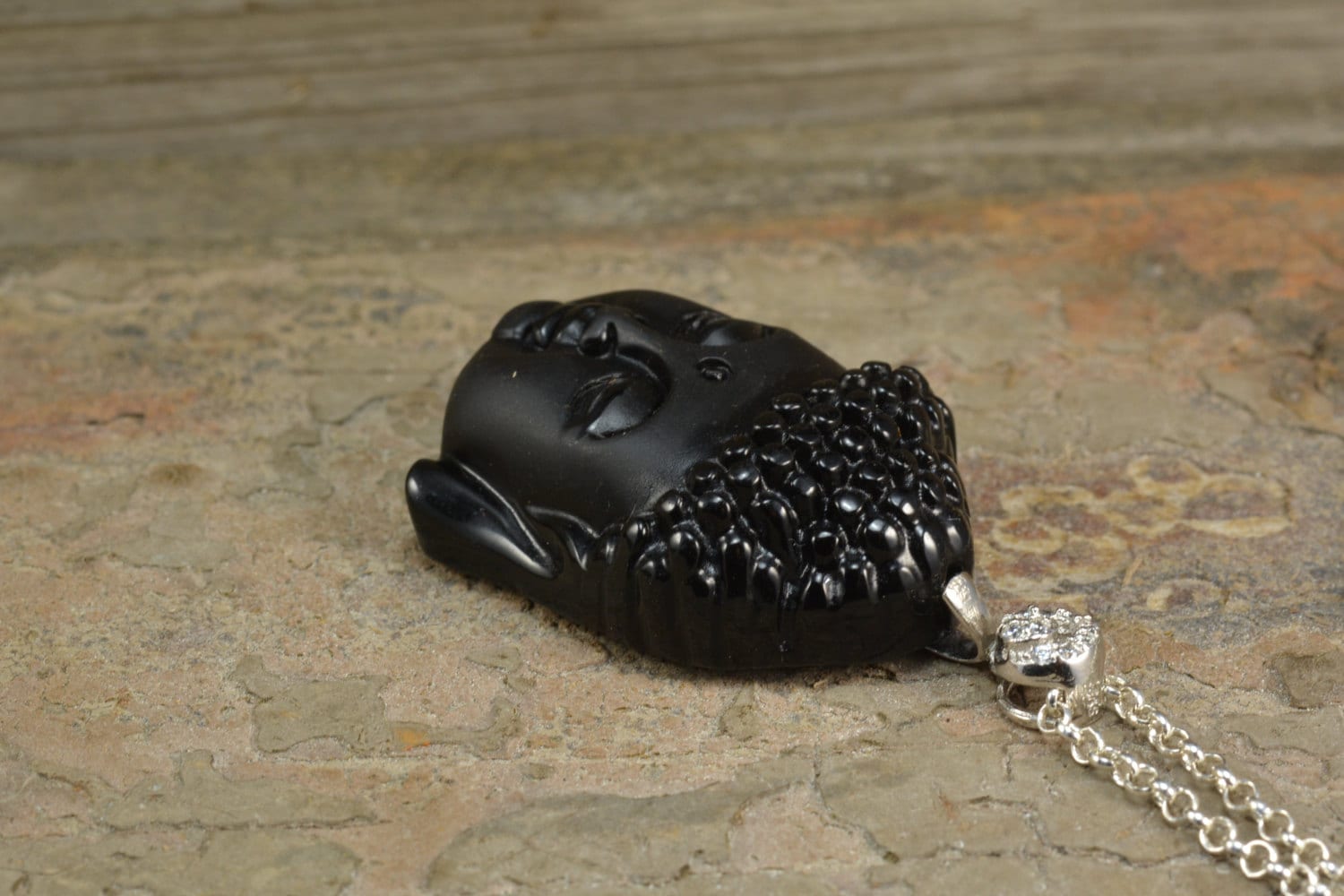 Jet Black Buddha Necklace, Black Stone Necklace, Gemstone Figure