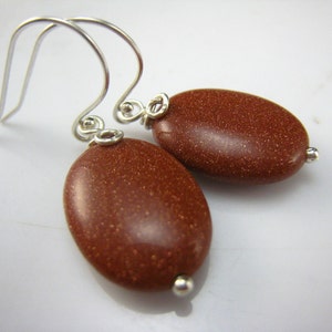 Goldstone Dangle Earrings: Oval Sterling Silver Handmade Jewelry