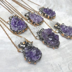 Purple Amethyst Druzy Quartz Pendant, Clear Crystal Points Necklace ...