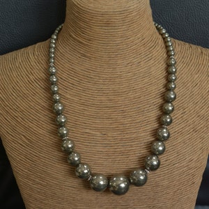 pyrite necklace,pyrite jewely,bronze jewelry,graduated necklace,gemstone jewelry,round beads necklace,beaded jewelry