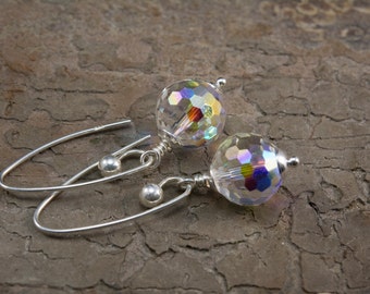 rainbow Swarovski crystal earrings - round crystal dangle earrings - sparkle Swarovski crystal earrings - beaded sterling silver earrings