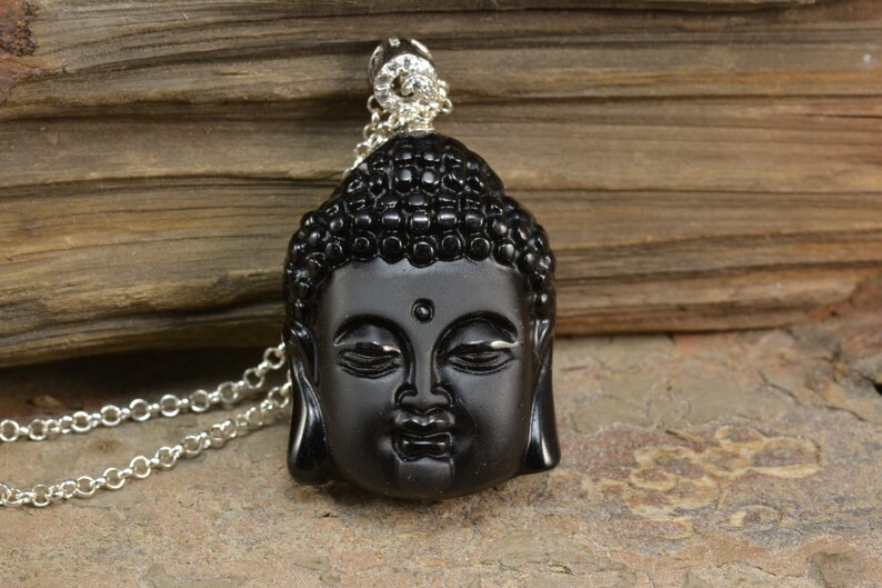 Jet Black Buddha Necklace, Black Stone Necklace, Gemstone Figure