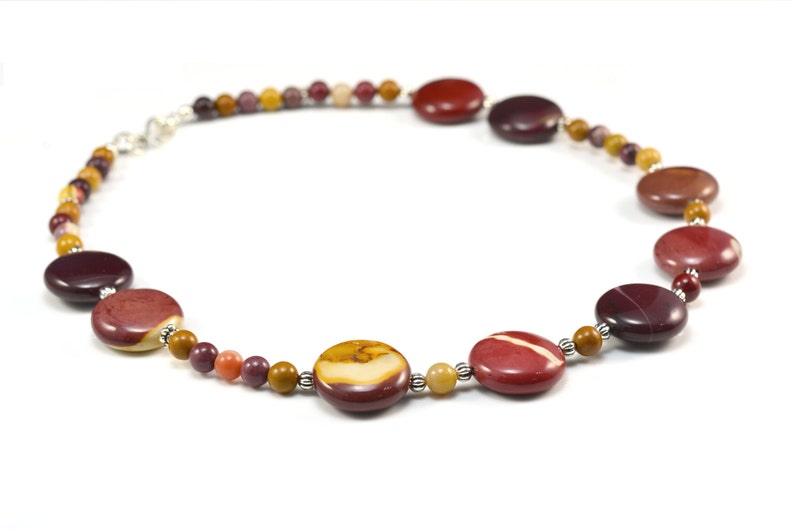 mookaite necklace, mookaite jewelry, fashion jewelry, beaded necklace, gemstone necklace, coin necklace, sterling silver brown necklace, image 2