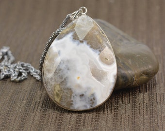 teardrop ocean jasper pendant, chain pendant,  teardrop gemstone pendant, ocean jasper necklace, ocean jasper jewelry, pendant necklace