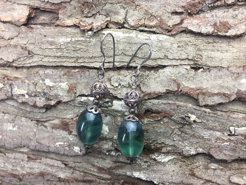 dark green stone barrel shape earrings handmade earrings green fluorite natural gemstone earrings sterling silver women/'s earrings