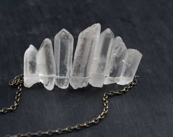 cool Summer crystal point necklace - natural rock crystal points necklace -  clear quartz jewelry - oxidized sterling silver chain jewelry