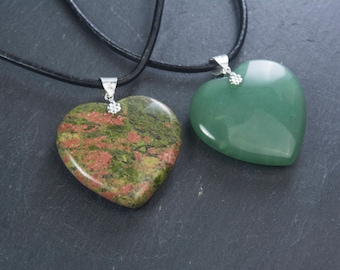 green aventurine heart pendant, unakite gemstone necklace, heart shape gemstone jewelry, heart charm stone pendant necklace