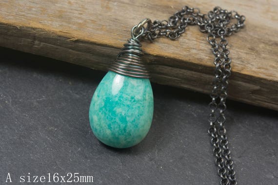 Natural Brazilian amazonite pendant, green amazonite pendant necklace, teardrop gemstone chain necklace, wirewrapped stone jewelry