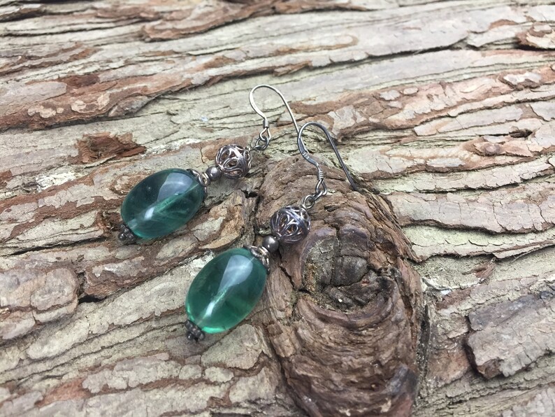 dark green stone barrel shape earrings handmade earrings green fluorite natural gemstone earrings sterling silver women/'s earrings