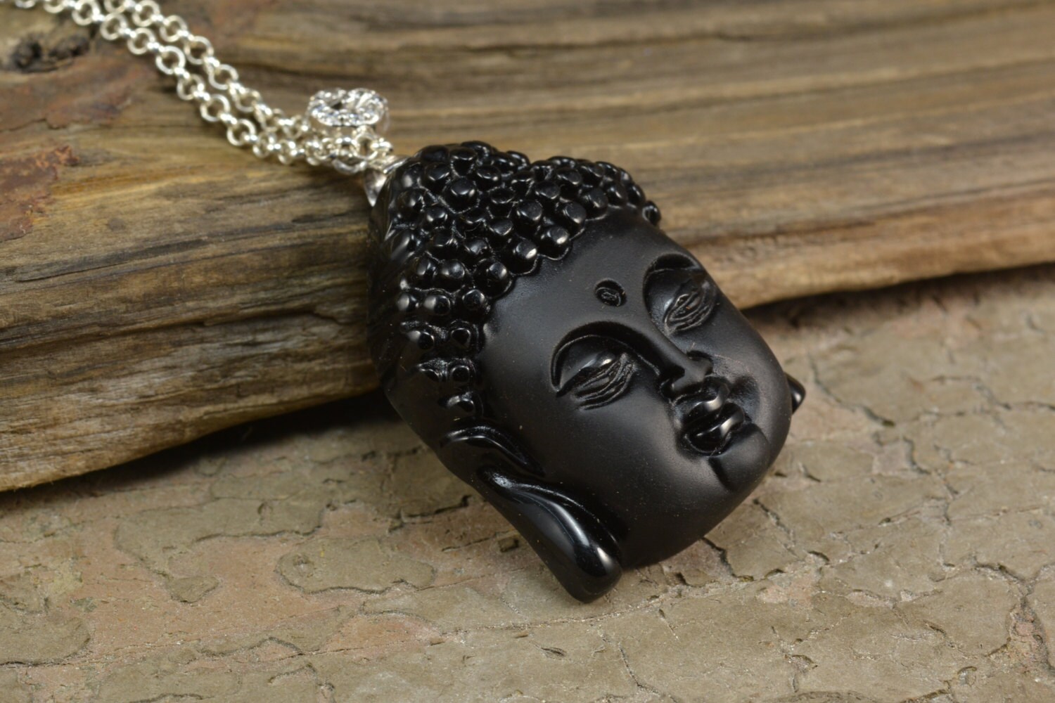 Jet Black Buddha Necklace, Black Stone Necklace, Gemstone Figure