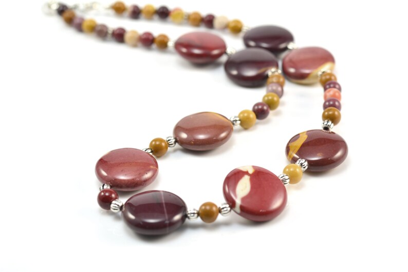 mookaite necklace, mookaite jewelry, fashion jewelry, beaded necklace, gemstone necklace, coin necklace, sterling silver brown necklace, image 3