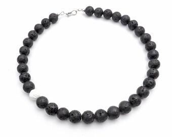 black lava bead volcano bead necklace, round beads stone necklace, white tradacna shell necklace, simple elegant beaded  jewelry