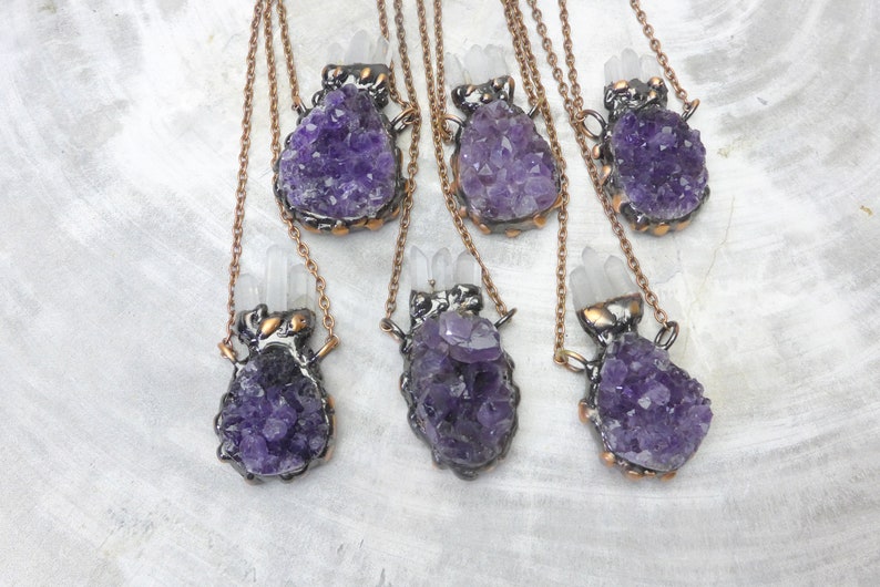 Purple Amethyst Druzy Quartz Pendant, Clear Crystal Points Necklace ...