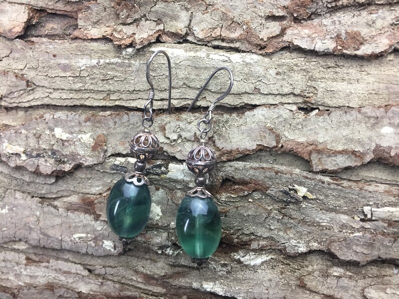 dark green stone barrel shape earrings handmade earrings green fluorite natural gemstone earrings sterling silver women/'s earrings