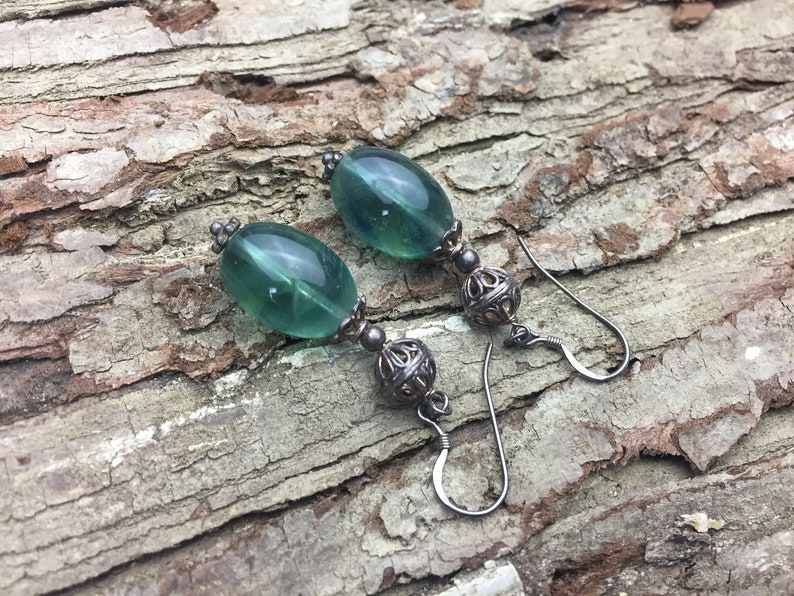 dark green stone barrel shape earrings handmade earrings green fluorite natural gemstone earrings sterling silver women/'s earrings