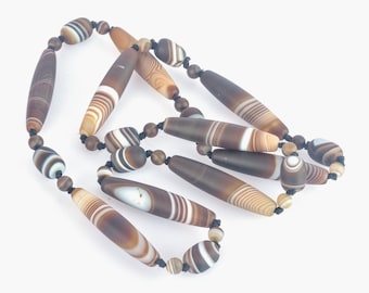 hand knotted gemstone necklace, handmade jewelry necklace , brown banded natural agate necklace, elongate long agate beaded necklace for her