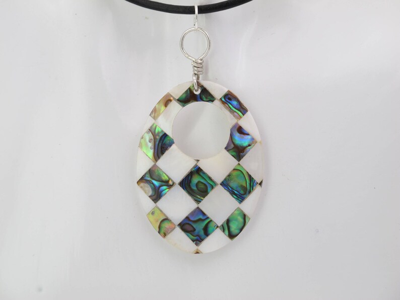 mosaic shell oval pendant, whire shell donut necklace, natural abalone shell jewlery, handcrafted jewelry, sea shell pendant necklace image 1