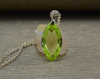 cubic zirconia pendant, cubic zirconia necklace, peridot  color cubic zirconia pendant, marquoise shape pendant,sterling silver chain