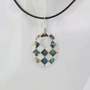 mosaic shell oval pendant, whire shell donut necklace, natural abalone shell jewlery, handcrafted jewelry, sea shell pendant necklace image 3