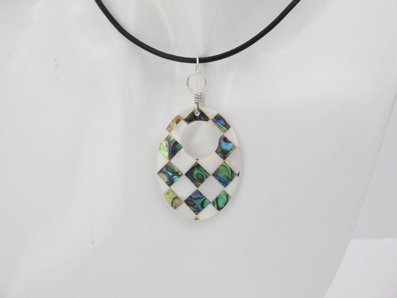 mosaic shell oval pendant, whire shell donut necklace, natural abalone shell jewlery, handcrafted jewelry, sea shell pendant necklace image 3