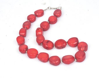 coral necklace, red bamboo coral jewelry, beaded coral gift for her, free form nugget, boho jewelry, red jewelry, sterling silver jewelry