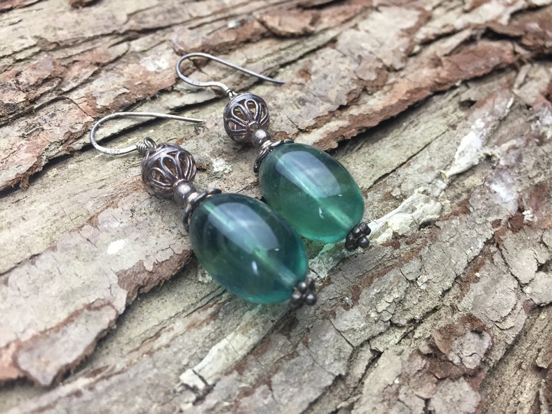 dark green stone barrel shape earrings handmade earrings green fluorite natural gemstone earrings sterling silver women/'s earrings