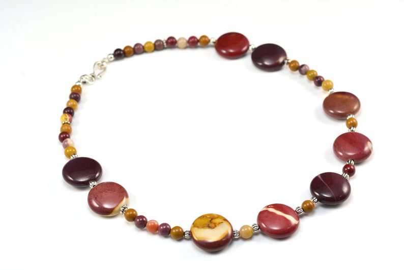 mookaite necklace, mookaite jewelry, fashion jewelry, beaded necklace, gemstone necklace, coin necklace, sterling silver brown necklace, image 4