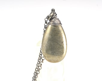 teardrop necklace, pyrite necklace, gold pyrite teardrop pendant necklace, bronze gemstone jewellry, sterling sivler chain, simple necklace