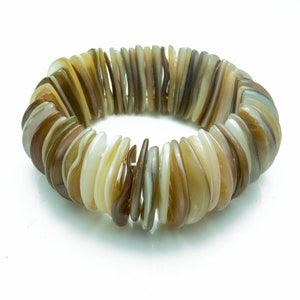 May include: A brown and white shell bracelet made of many small, overlapping shells.
