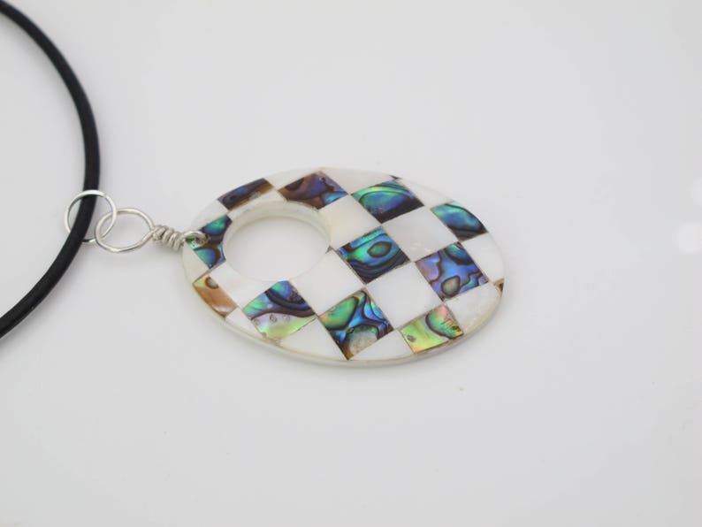 mosaic shell oval pendant, whire shell donut necklace, natural abalone shell jewlery, handcrafted jewelry, sea shell pendant necklace image 2