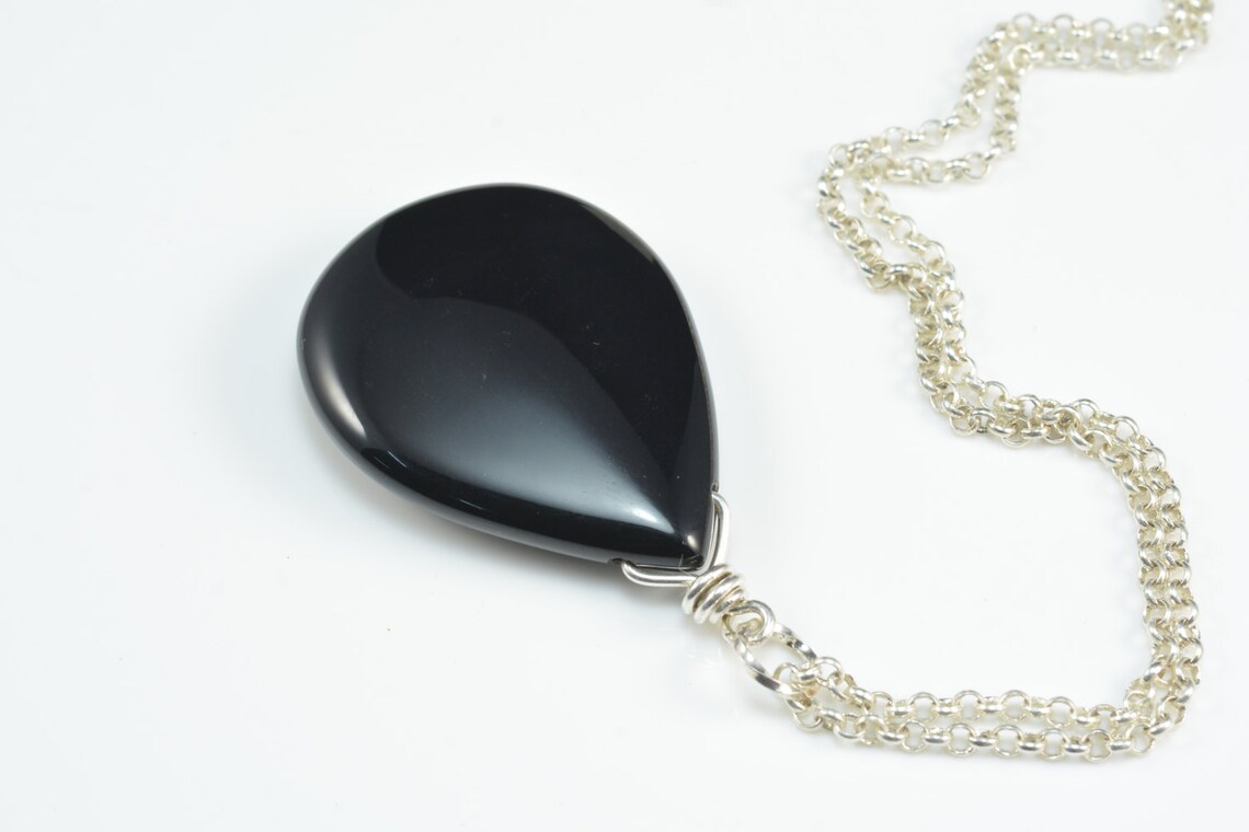 Black Onyx Teardrop Pendant Anthentic Black Agate Gemstone Etsy
