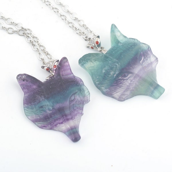 rainbow fluorite carved fox pendant, gemstone engraved pendant necklace, transparent quartz jewelry, natural gemstone jewelry,animal jewelry