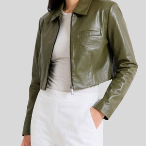 Women's Olive Green Cowhide Leather Jacket | Cropped Leather Jacket | Ladies Genuine Leather Jacket | Minimalist Single Zip Leather Coat