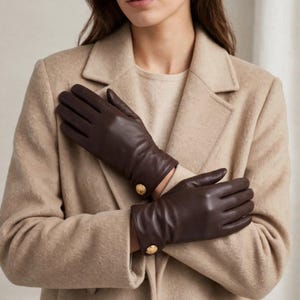 Brown Leather Gloves Women | Gold Button Lambskin Gloves | Luxury Designer Driving Gloves | Elegant Winter Leather Gloves | Gift For Her