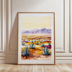 Contemporary Agave Field Watercolor Print | Saturated Desert Mountain Landscape Art