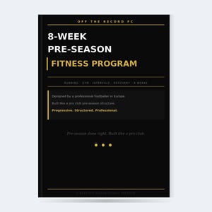 May include: A black rectangular fitness programme guide titled 8-WEEK PRE-SEASON FITNESS PROGRAM by OFF THE RECORD FC. The cover features white and yellow text, including the phrases Designed by a professional footballer in Europe and Progressive. Structured. Professional.