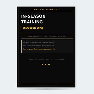 以下が含まれることがあります： 白と黄色のテキストで「OFF THE RECORD FC IN-SEASON TRAINING PROGRAM」と記された黒い長方形の文書。週ごとの構成、ジム、リカバリー、試合日のセクションが含まれており、プロのサッカー選手によるトレーニングに関する説明文が記載されています。