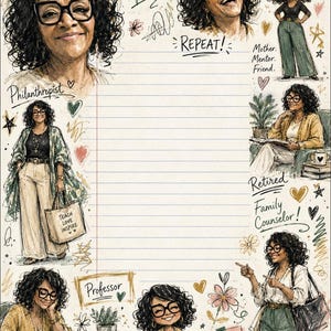 May include: A lined stationery sheet featuring various illustrations of a woman with curly hair and glasses. Text includes Peaceful spirit, REPEAT, Mother. Mentor. Friend., Philanthropist, Retired, Family Counselor, Professor, and Lead with Love.
