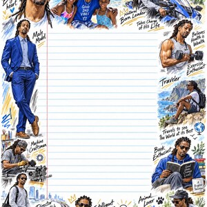 May include: A lined stationery sheet featuring a collage of illustrations of Edward Omar White in various roles, including a motorcyclist, exercise enthusiast, traveler, and book reader, with handwritten text labels surrounding a central blank space.