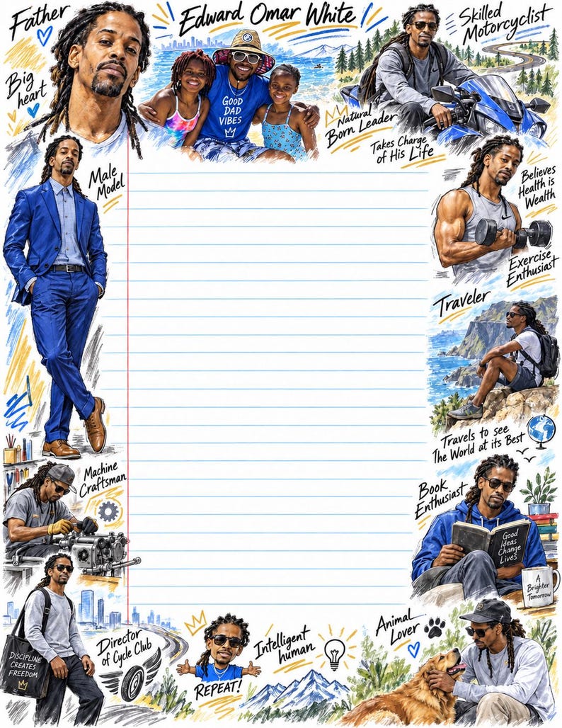 May include: A lined stationery sheet featuring a collage of illustrations of Edward Omar White in various roles, including a motorcyclist, exercise enthusiast, traveler, and book reader, with handwritten text labels surrounding a central blank space.