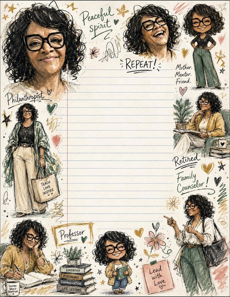May include: A lined stationery sheet featuring various illustrations of a woman with curly hair and glasses. Text includes Peaceful spirit, REPEAT, Mother. Mentor. Friend., Philanthropist, Retired, Family Counselor, Professor, and Lead with Love.