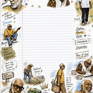 May include: A lined stationery sheet featuring illustrations of an older man in various activities. Text includes Peaceful spirit, Dreamer, Mentor, Father, Giver, Innovator, Carpenter, Man of God, Keep Building, Electrical Genius, and Faith. Focus. Impact.