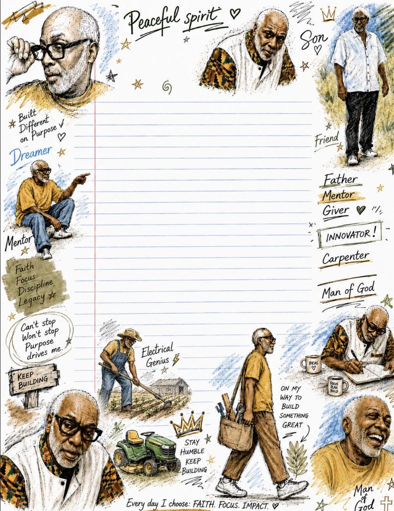 May include: A lined stationery sheet featuring illustrations of an older man in various activities. Text includes Peaceful spirit, Dreamer, Mentor, Father, Giver, Innovator, Carpenter, Man of God, Keep Building, Electrical Genius, and Faith. Focus. Impact.