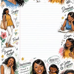 May include: A lined stationery sheet featuring watercolor-style illustrations of a woman in various roles and outfits. Text includes Peace Spirit, REPEAT, Daughter, Friend, Business Analyst, PROFESSIONAL, Focused, Disciplined, Intentional, REALIST, Singer, and System Engineer.