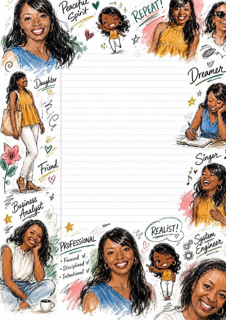 May include: A lined stationery sheet featuring watercolor-style illustrations of a woman in various roles and outfits. Text includes Peace Spirit, REPEAT, Daughter, Friend, Business Analyst, PROFESSIONAL, Focused, Disciplined, Intentional, REALIST, Singer, and System Engineer.