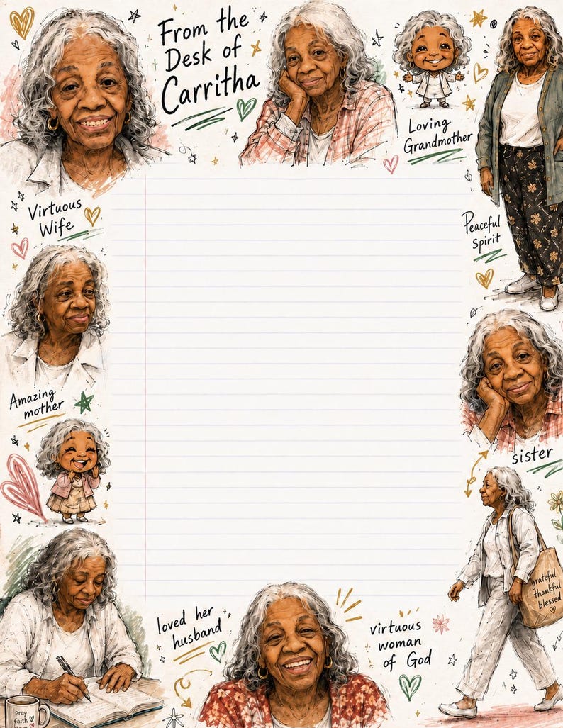May include: A lined stationery sheet featuring watercolor illustrations of an older woman with gray hair. The border includes text such as From the Desk of Carritha, Virtuous Wife, Loving Grandmother, Peaceful Spirit, Amazing mother, sister, loved her husband, and virtuous woman of God.