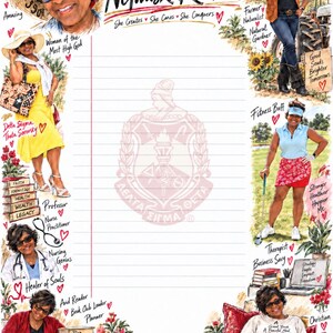 May include: A lined stationery sheet featuring the name Netwaski Rochell at the top, surrounded by illustrations of a person in various roles including farmer, professor, and nurse. A faint Delta Sigma Theta crest is centered on the page.